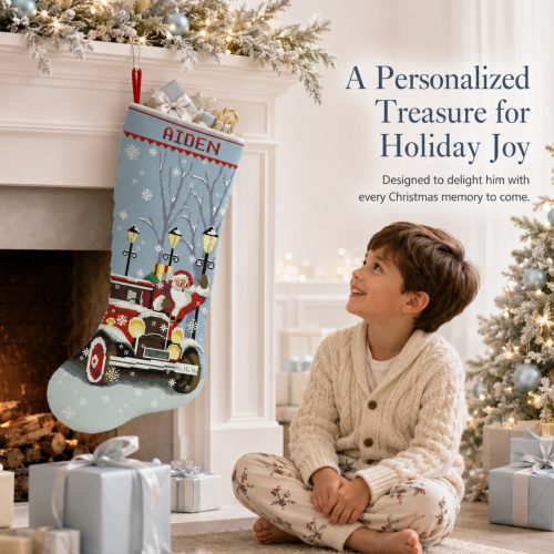 Personalized Santa red truck Christmas stocking stamped cross stitch kit with pre-printed fabric, easy beginner-friendly holiday embroidery kit, DIY Christmas stocking with Santa Claus, vintage red truck, snowflakes, street lamps and custom name.