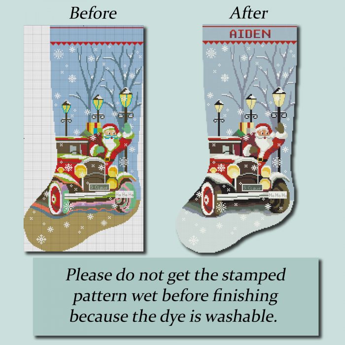 Personalized stamped Christmas stocking cross stitch kit for adults – cute Santa Claus red truck design, easy counted needlepoint embroidery DIY.