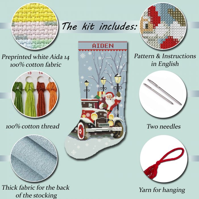 Personalized stamped Christmas stocking cross stitch kit for adults – cute Santa Claus red truck design, easy counted needlepoint embroidery DIY.