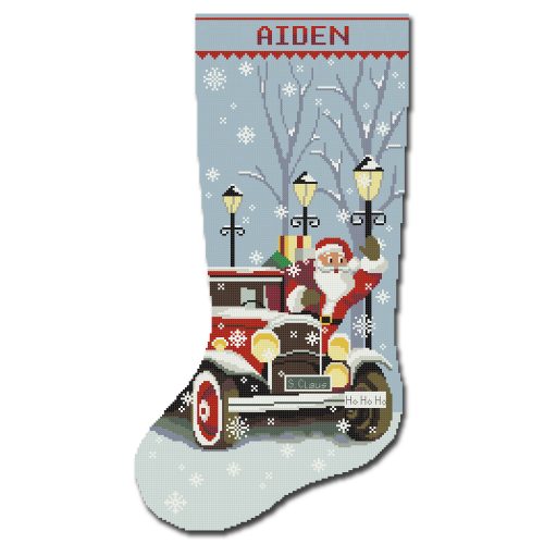 Personalized stamped Christmas stocking cross stitch kit for adults – cute Santa Claus red truck design, easy counted needlepoint embroidery DIY.