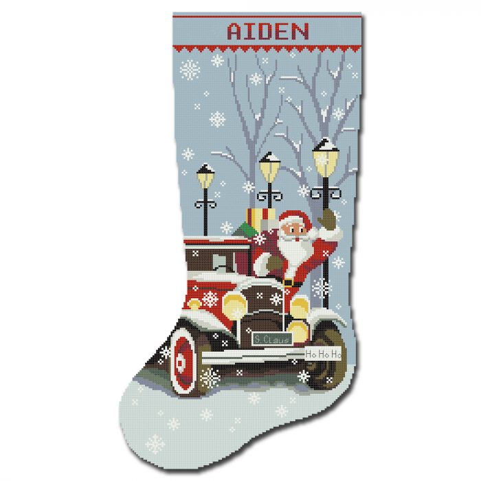 Personalized stamped Christmas stocking cross stitch kit for adults – cute Santa Claus red truck design, easy counted needlepoint embroidery DIY.