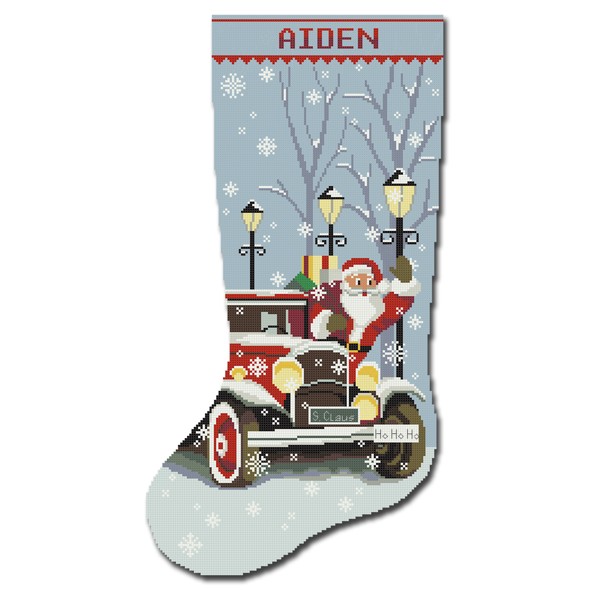 Personalized stamped Christmas stocking cross stitch kit for adults – cute Santa Claus red truck design, easy counted needlepoint embroidery DIY.