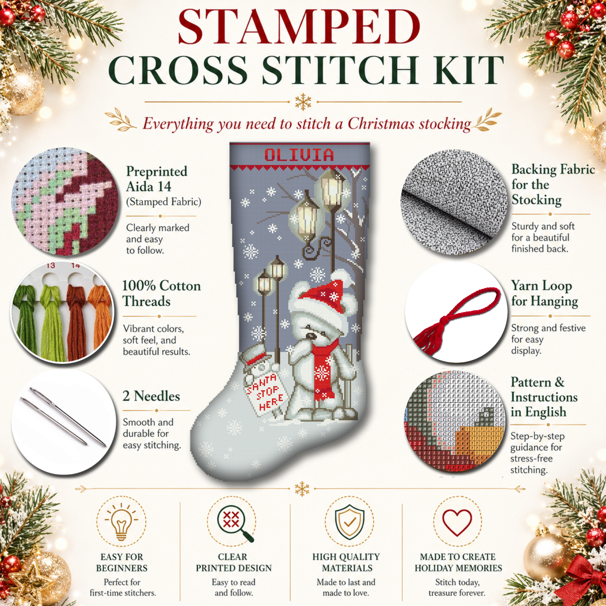 Christmas Stockings Cross Stitch Kit for Adults, Personalized Stamped Needlepoint Embroidery Set, Cute Xmas Bear, Easy Counted Patterns for Beginners, DIY Holiday Home Décor 3 Personalized polar bear Christmas stocking stamped cross stitch kit with pre-printed fabric, easy beginner-friendly holiday embroidery kit, DIY Christmas stocking with winter bear, snowflakes, street lamps, red scarf, Santa stop sign and custom name.