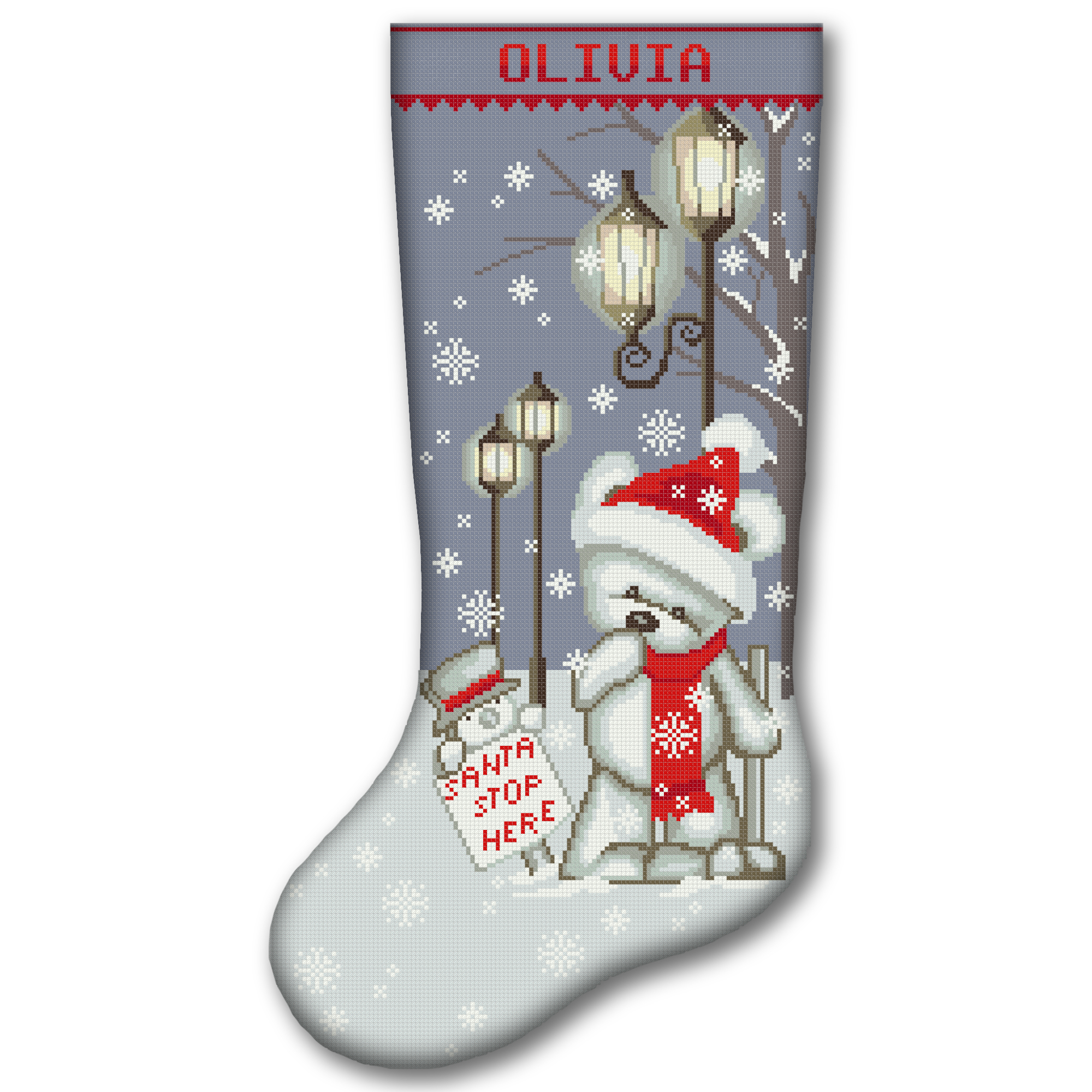 Personalized polar bear Christmas stocking stamped cross stitch kit with pre-printed fabric, easy beginner-friendly holiday embroidery kit, DIY Christmas stocking with winter bear, snowflakes, street lamps, red scarf, Santa stop sign and custom name.