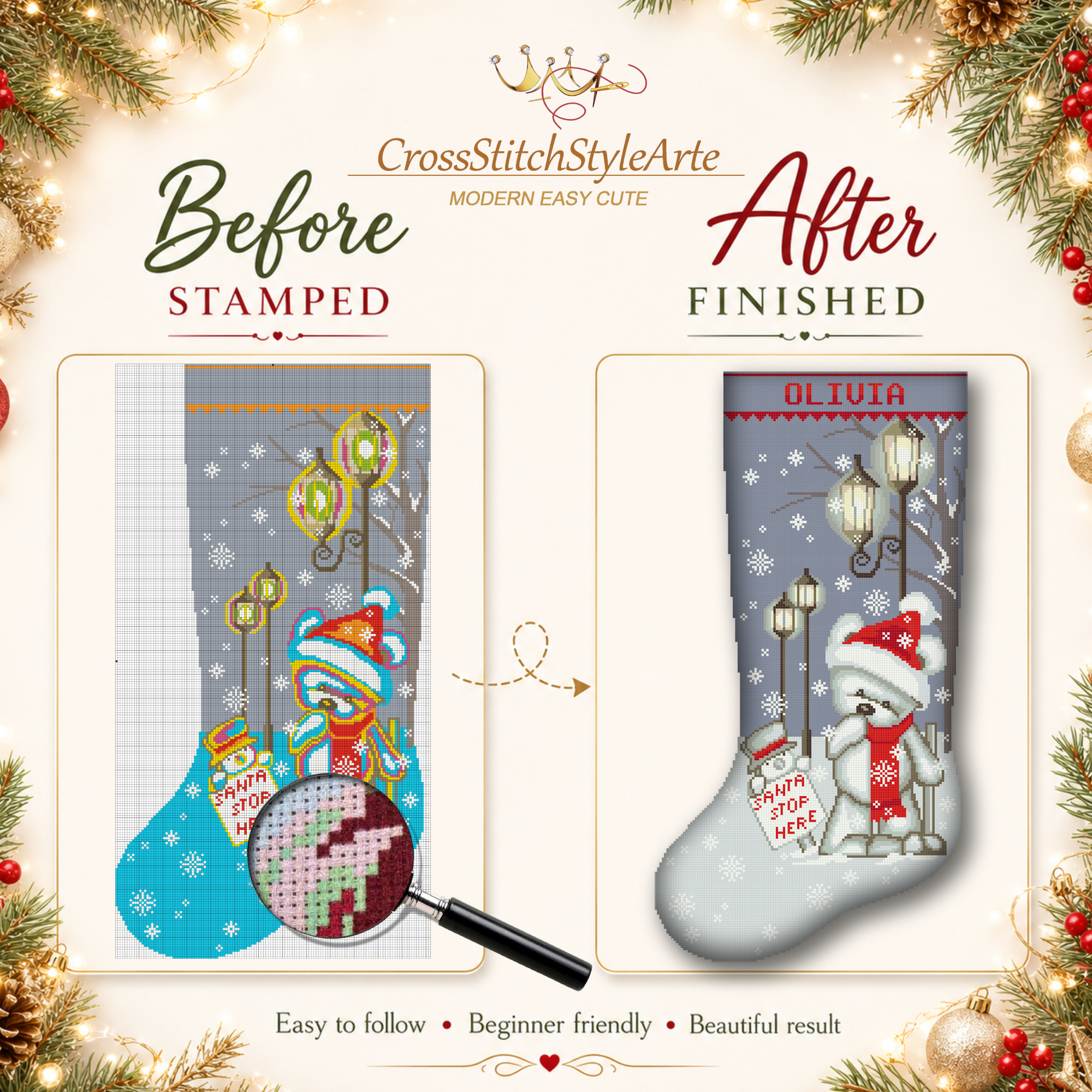Christmas Stockings Cross Stitch Kit for Adults, Personalized Stamped Needlepoint Embroidery Set, Cute Xmas Bear, Easy Counted Patterns for Beginners, DIY Holiday Home Décor 4 Personalized polar bear Christmas stocking stamped cross stitch kit with pre-printed fabric, easy beginner-friendly holiday embroidery kit, DIY Christmas stocking with winter bear, snowflakes, street lamps, red scarf, Santa stop sign and custom name.