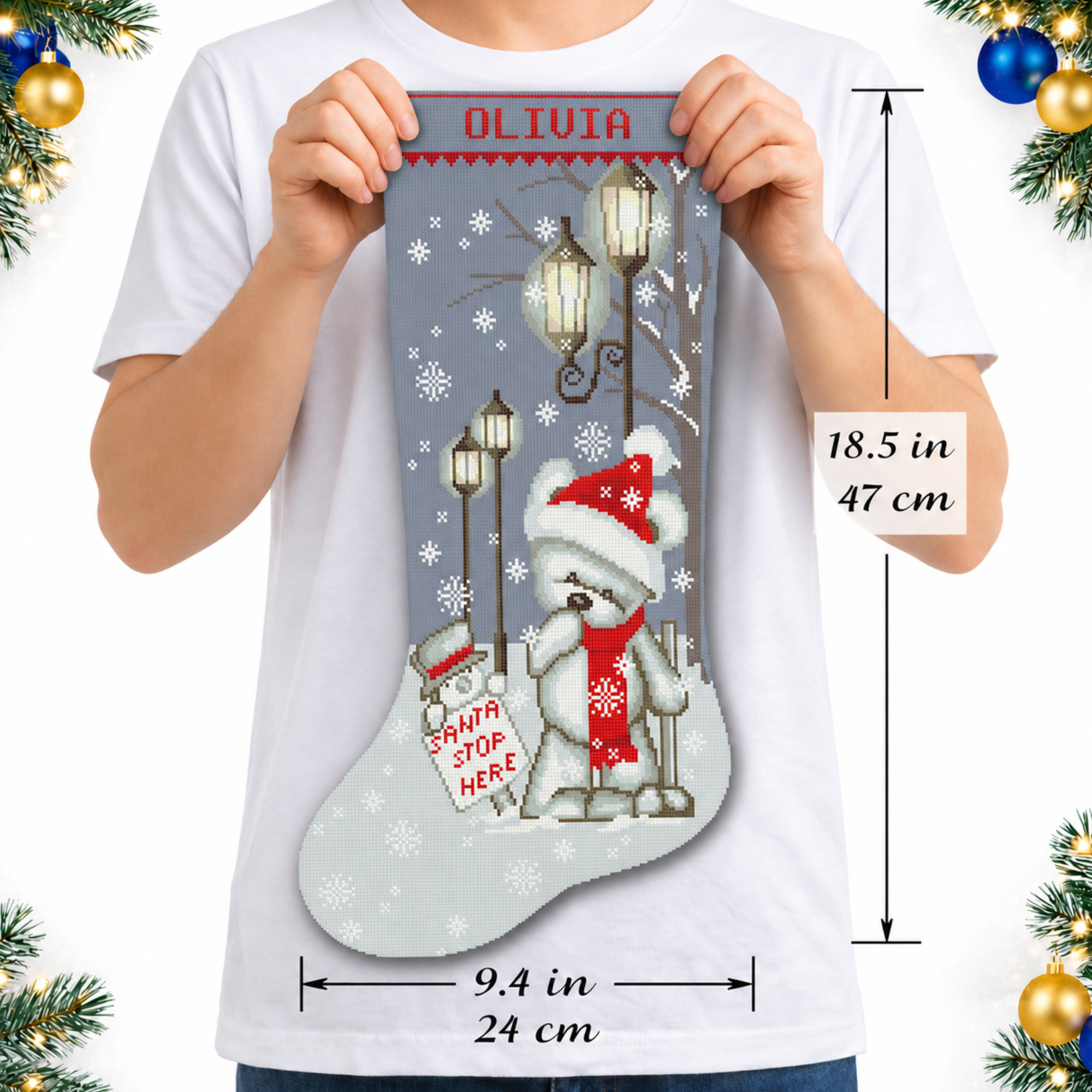 Christmas Stockings Cross Stitch Kit for Adults, Personalized Stamped Needlepoint Embroidery Set, Cute Xmas Bear, Easy Counted Patterns for Beginners, DIY Holiday Home Décor 5 Personalized polar bear Christmas stocking stamped cross stitch kit with pre-printed fabric, easy beginner-friendly holiday embroidery kit, DIY Christmas stocking with winter bear, snowflakes, street lamps, red scarf, Santa stop sign and custom name.