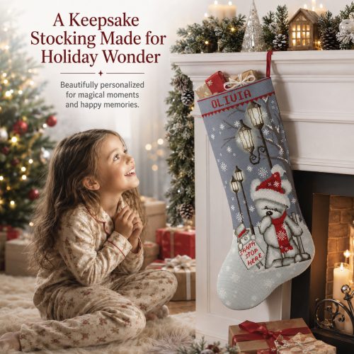 Personalized polar bear Christmas stocking stamped cross stitch kit with pre-printed fabric, easy beginner-friendly holiday embroidery kit, DIY Christmas stocking with winter bear, snowflakes, street lamps, red scarf, Santa stop sign and custom name.