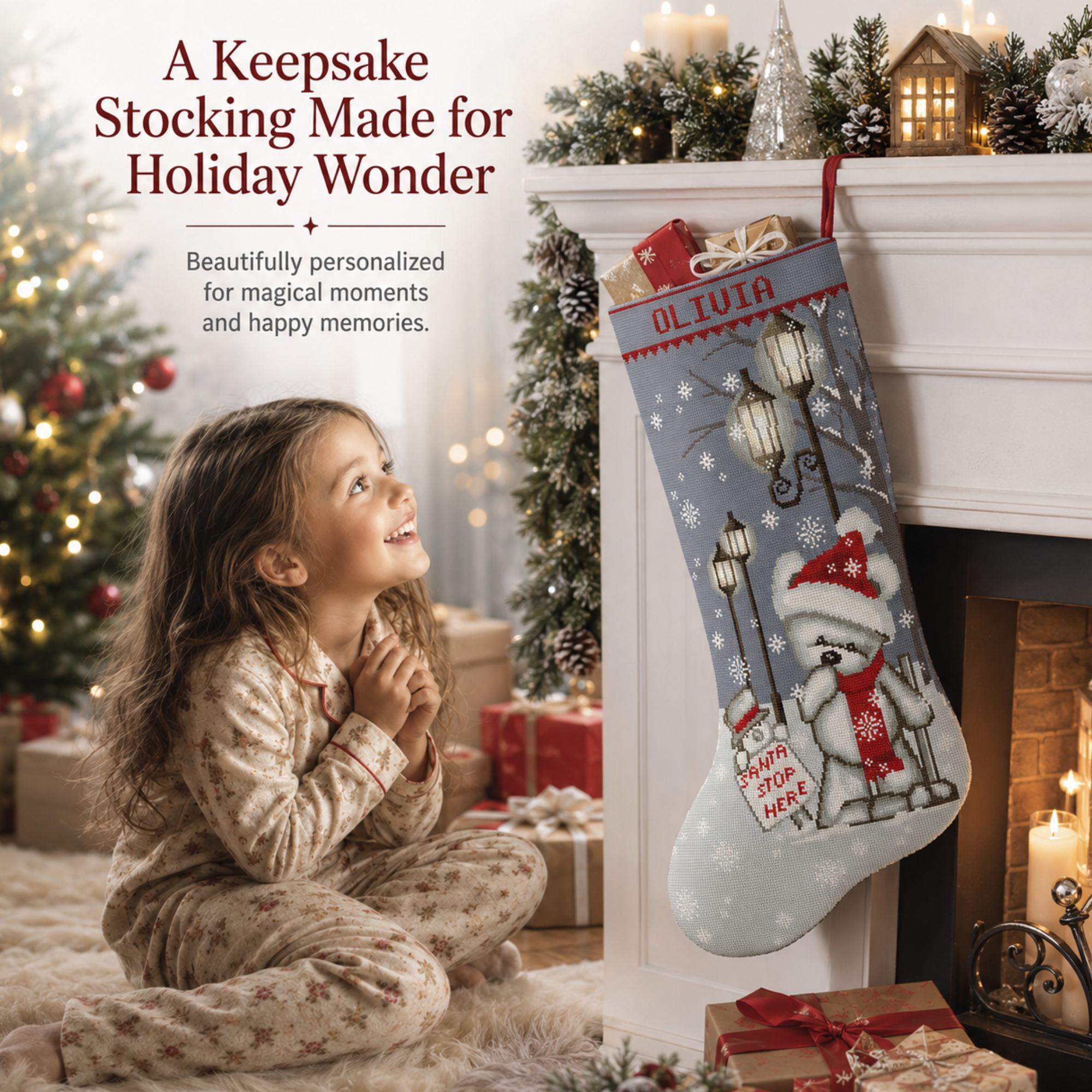 Christmas Stockings Cross Stitch Kit for Adults, Personalized Stamped Needlepoint Embroidery Set, Cute Xmas Bear, Easy Counted Patterns for Beginners, DIY Holiday Home Décor 2 Personalized polar bear Christmas stocking stamped cross stitch kit with pre-printed fabric, easy beginner-friendly holiday embroidery kit, DIY Christmas stocking with winter bear, snowflakes, street lamps, red scarf, Santa stop sign and custom name.