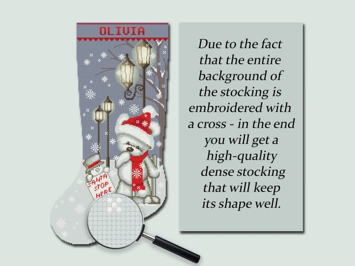 Stamped Christmas Stocking Cross Stitch Kit – Polar Bear with Santa Stop Here Sign and Lanterns – Personalized Holiday Embroidery