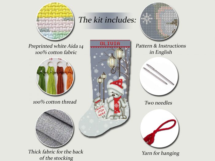 Stamped Christmas Stocking Cross Stitch Kit – Polar Bear with Santa Stop Here Sign and Lanterns – Personalized Holiday Embroidery