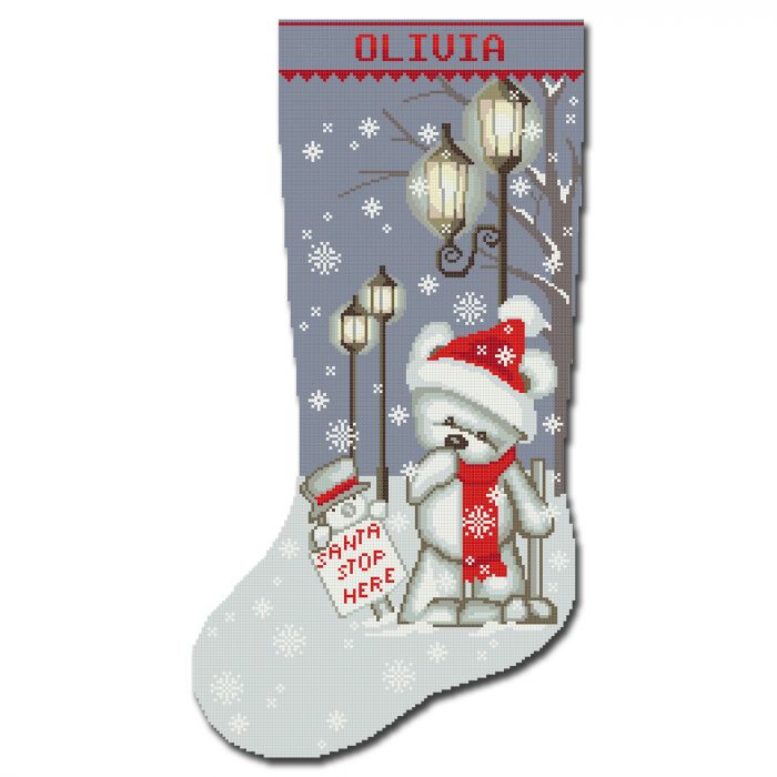 Stamped Christmas Stocking Cross Stitch Kit – Polar Bear with Santa Stop Here Sign and Lanterns – Personalized Holiday Embroidery