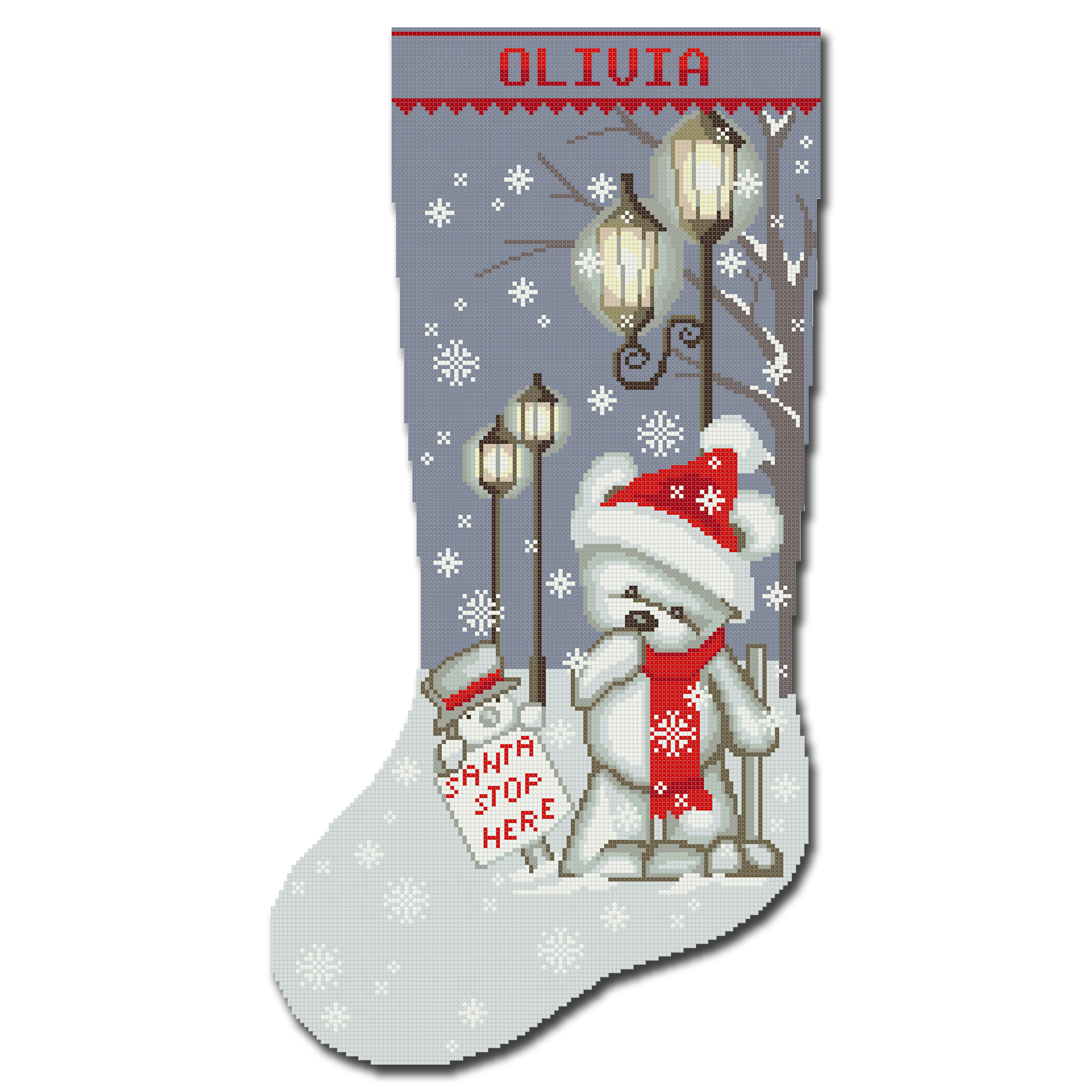 Stamped Christmas Stocking Cross Stitch Kit – Polar Bear with Santa Stop Here Sign and Lanterns – Personalized Holiday Embroidery