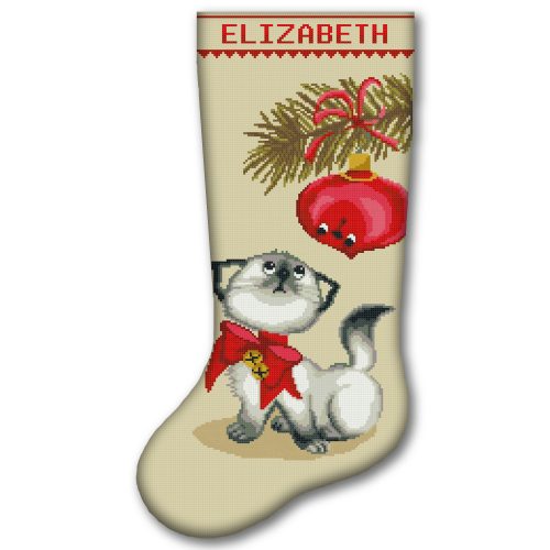 Personalized cat Christmas stocking stamped cross stitch kit with pre-printed fabric, easy beginner-friendly holiday embroidery kit, DIY Christmas stocking with cute gray cat, red ornament, pine branches and custom name.