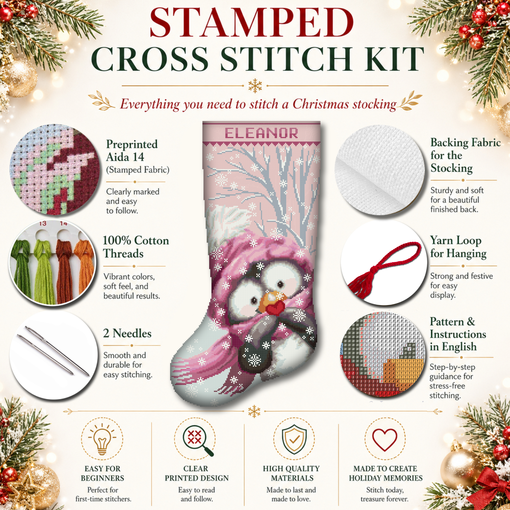 Cross Stitch Kits for Adults Stamped Personalized Christmas Stockings, Cute Penguin Needlepoint Counted Easy Simple Animal Cross-Stitch Patterns for Beginners Embroidery Kit for Holiday Home Decor DIY 3 Personalized penguin Christmas stocking stamped cross stitch kit with pre-printed fabric, easy beginner-friendly holiday embroidery kit, cute winter penguin with pink hat, scarf, snowflakes, snowy forest and custom name.