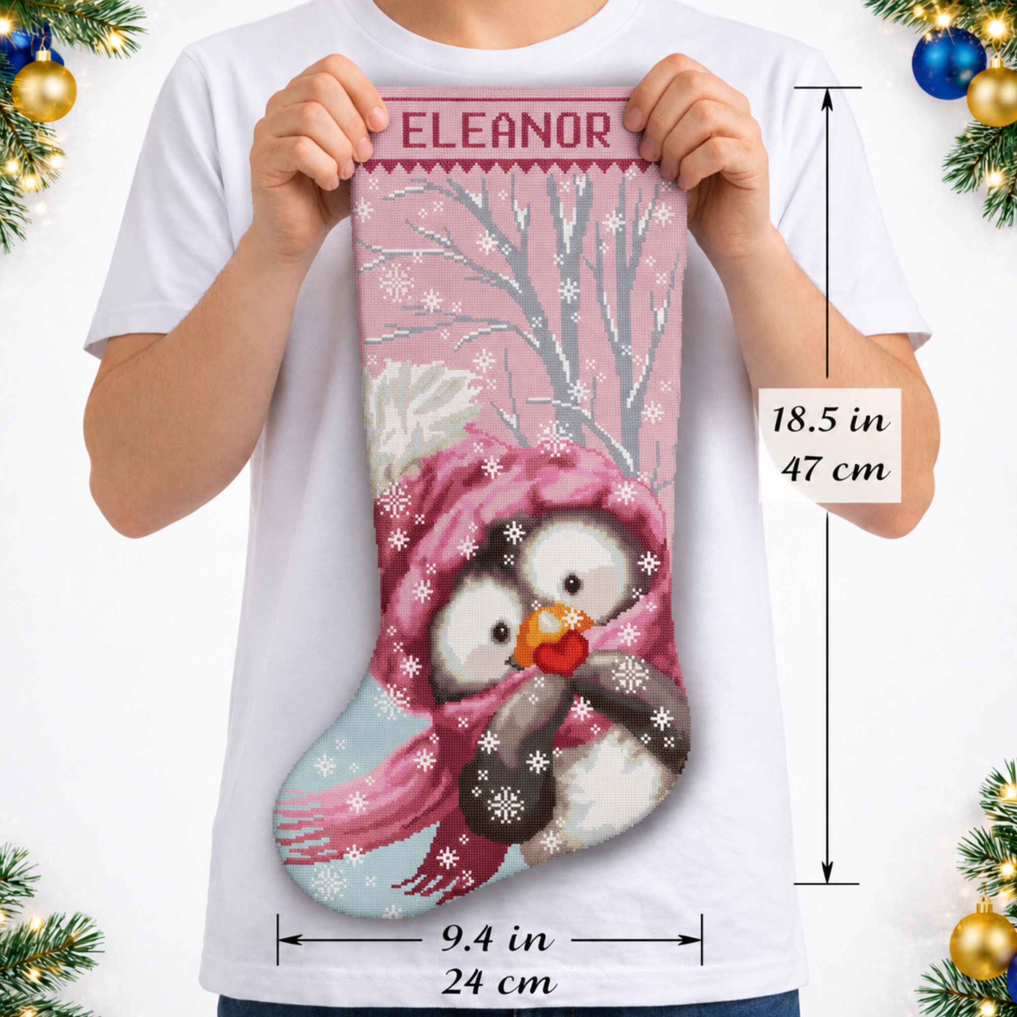 Cross Stitch Kits for Adults Stamped Personalized Christmas Stockings, Cute Penguin Needlepoint Counted Easy Simple Animal Cross-Stitch Patterns for Beginners Embroidery Kit for Holiday Home Decor DIY 5 Personalized penguin Christmas stocking stamped cross stitch kit with pre-printed fabric, easy beginner-friendly holiday embroidery kit, cute winter penguin with pink hat, scarf, snowflakes, snowy forest and custom name.