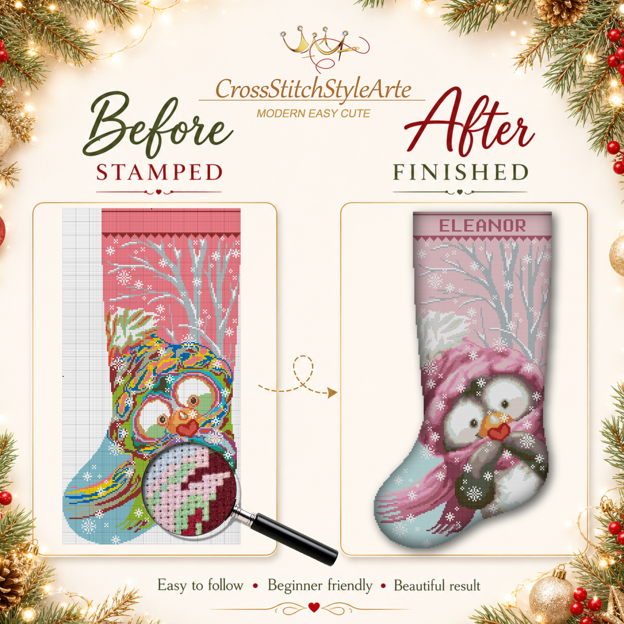 Cross Stitch Kits for Adults Stamped Personalized Christmas Stockings, Cute Penguin Needlepoint Counted Easy Simple Animal Cross-Stitch Patterns for Beginners Embroidery Kit for Holiday Home Decor DIY 4 Personalized penguin Christmas stocking stamped cross stitch kit with pre-printed fabric, easy beginner-friendly holiday embroidery kit, cute winter penguin with pink hat, scarf, snowflakes, snowy forest and custom name.