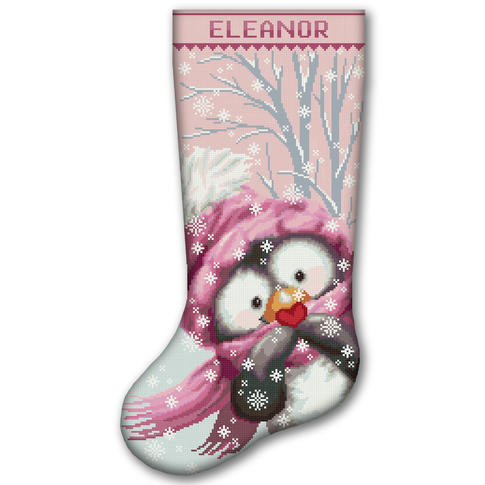 Personalized penguin Christmas stocking stamped cross stitch kit with pre-printed fabric, easy beginner-friendly holiday embroidery kit, cute winter penguin with pink hat, scarf, snowflakes, snowy forest and custom name.