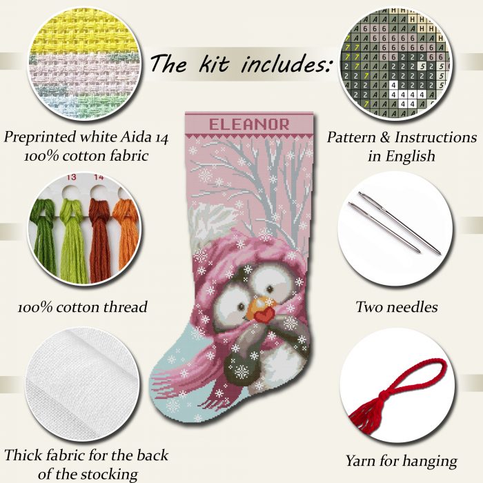 Personalized stamped cross stitch Christmas stocking kit with cute penguin design – DIY embroidery holiday gift for beginners and experienced stitchers