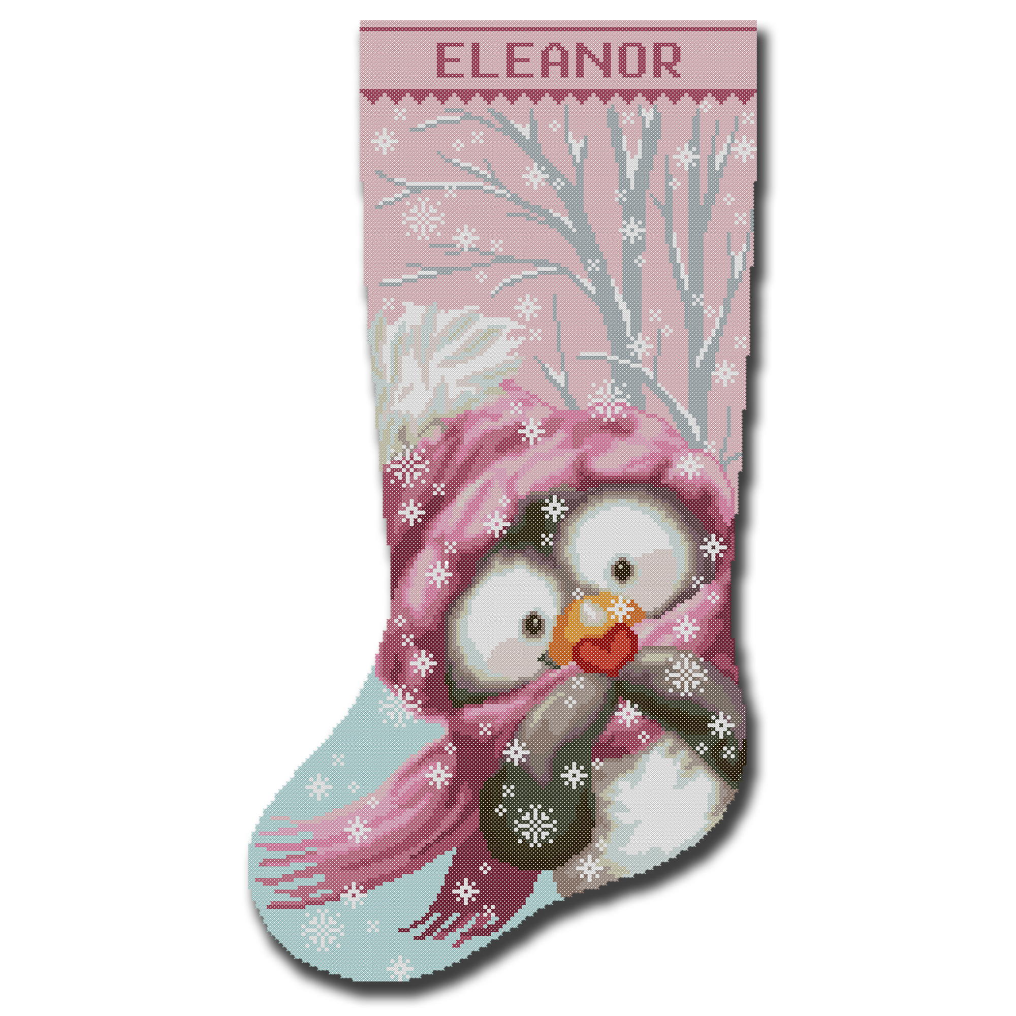 Personalized stamped cross stitch Christmas stocking kit with cute penguin design – DIY embroidery holiday gift for beginners and experienced stitchers