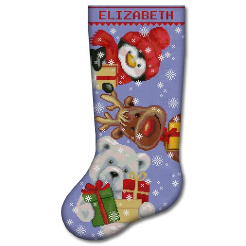 Personalized bear Christmas stocking stamped cross stitch kit with pre-printed fabric, easy beginner-friendly holiday embroidery kit, DIY Christmas stocking with cute teddy bear, woodland deer, Christmas gifts, snowflakes and custom name.