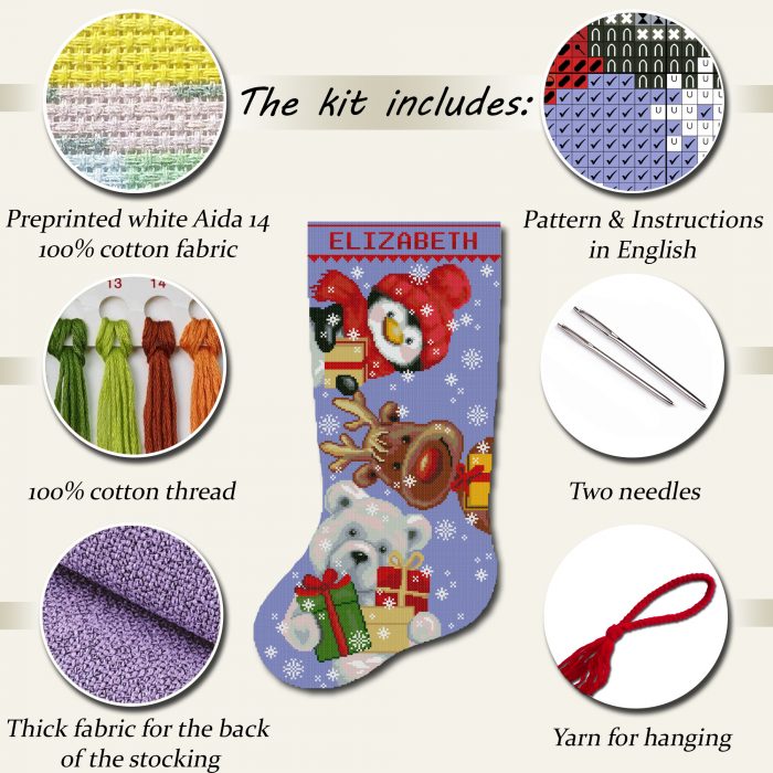 Personalized stamped Christmas stocking cross stitch kit with penguin in red hat, reindeer, polar bear holding presents, easy DIY embroidery holiday gift.