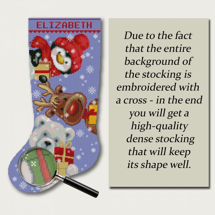 Personalized stamped Christmas stocking cross stitch kit with penguin in red hat, reindeer, polar bear holding presents, easy DIY embroidery holiday gift.