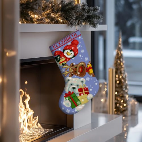 Personalized stamped Christmas stocking cross stitch kit with penguin in red hat, reindeer, polar bear holding presents, easy DIY embroidery holiday gift.