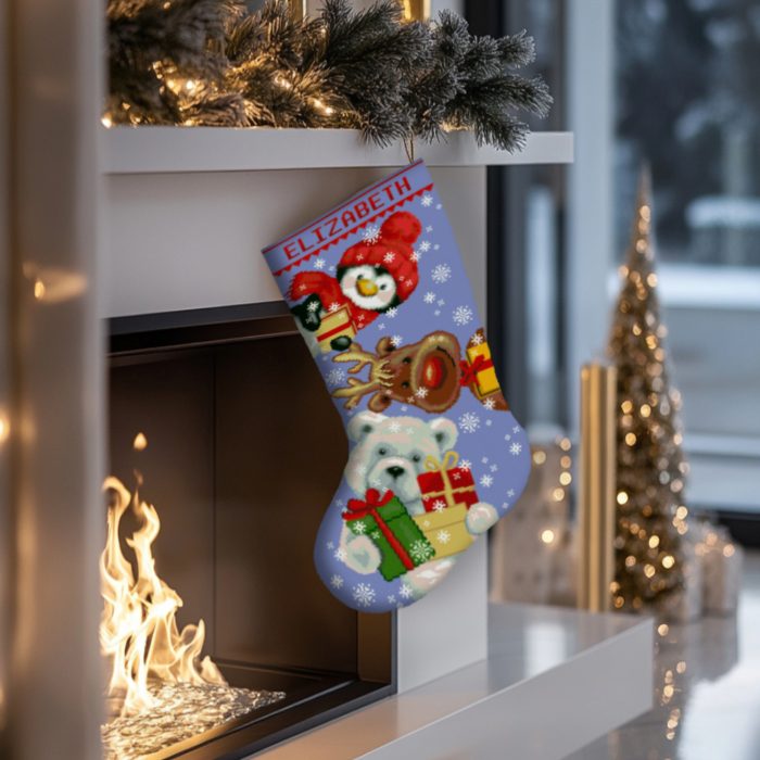 Personalized stamped Christmas stocking cross stitch kit with penguin in red hat, reindeer, polar bear holding presents, easy DIY embroidery holiday gift.