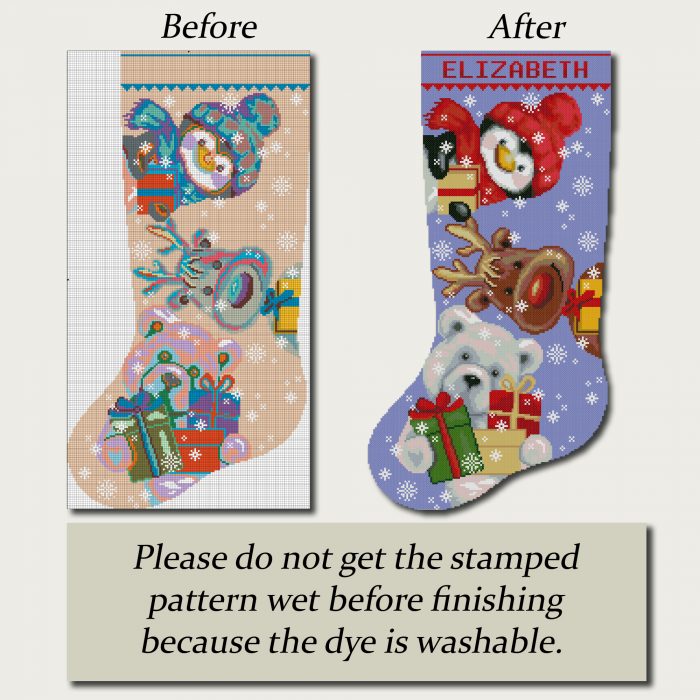 Personalized stamped Christmas stocking cross stitch kit with penguin in red hat, reindeer, polar bear holding presents, easy DIY embroidery holiday gift.