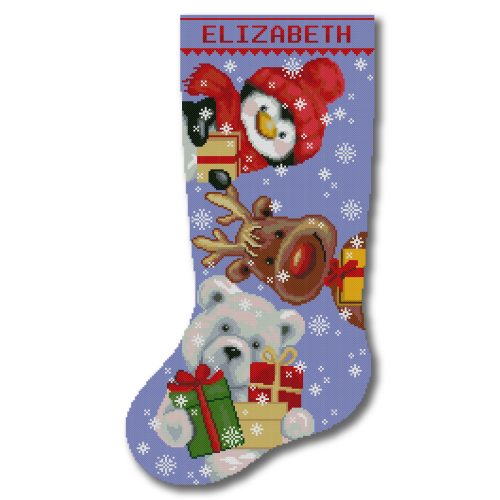 Personalized stamped Christmas stocking cross stitch kit with penguin in red hat, reindeer, polar bear holding presents, easy DIY embroidery holiday gift.