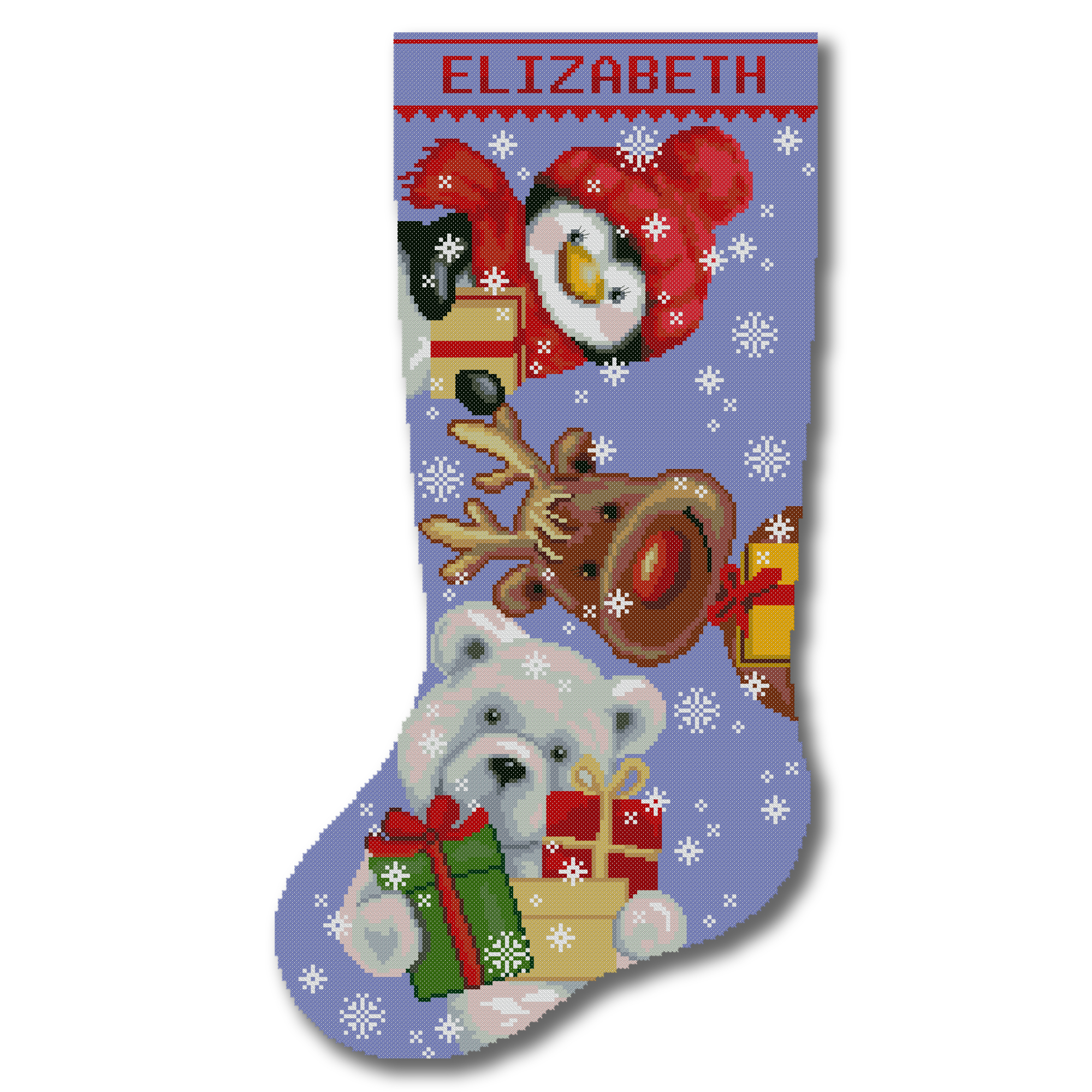 Personalized stamped Christmas stocking cross stitch kit with penguin in red hat, reindeer, polar bear holding presents, easy DIY embroidery holiday gift.