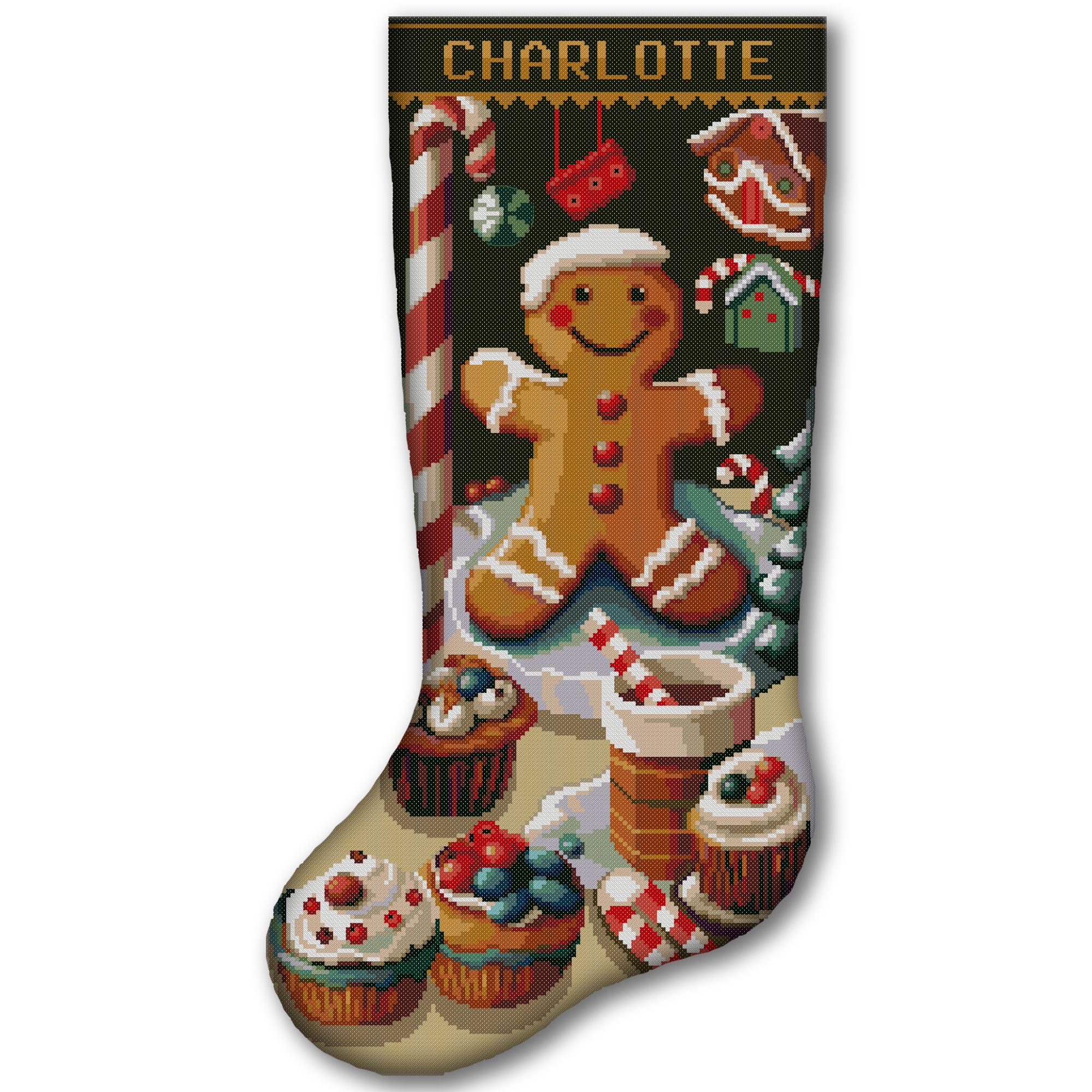 Personalized gingerbread man Christmas stocking stamped cross stitch kit with pre-printed fabric, easy beginner-friendly holiday embroidery kit, DIY Christmas stocking with gingerbread cookie, candy cane, cupcakes, hot cocoa, gingerbread house and custom name.