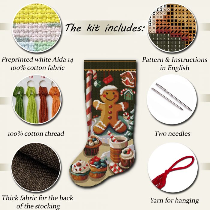 Christmas stocking cross stitch kit featuring a cute gingerbread man, candy canes, cupcakes and festive sweets – personalized stamped embroidery kit, easy for beginners and advanced stitchers