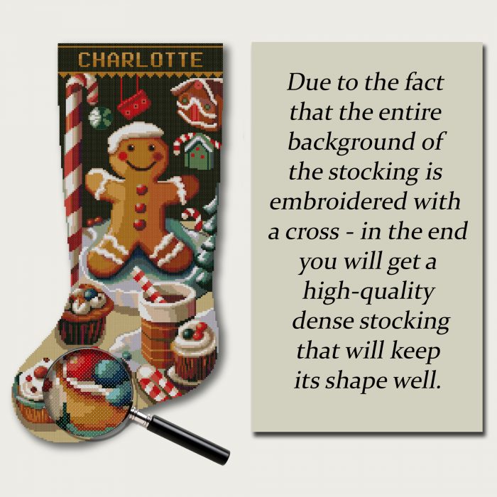 Christmas stocking cross stitch kit featuring a cute gingerbread man, candy canes, cupcakes and festive sweets – personalized stamped embroidery kit, easy for beginners and advanced stitchers