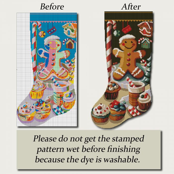 Gingerbread man Christmas stocking cross stitch kit with cupcakes, candy canes and holiday sweets – stamped embroidery kit, easy for beginners and adults DIY - Image 8