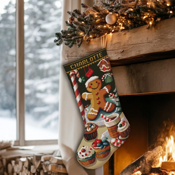 Gingerbread man Christmas stocking cross stitch kit with cupcakes, candy canes and holiday sweets – stamped embroidery kit, easy for beginners and adults DIY - Image 2