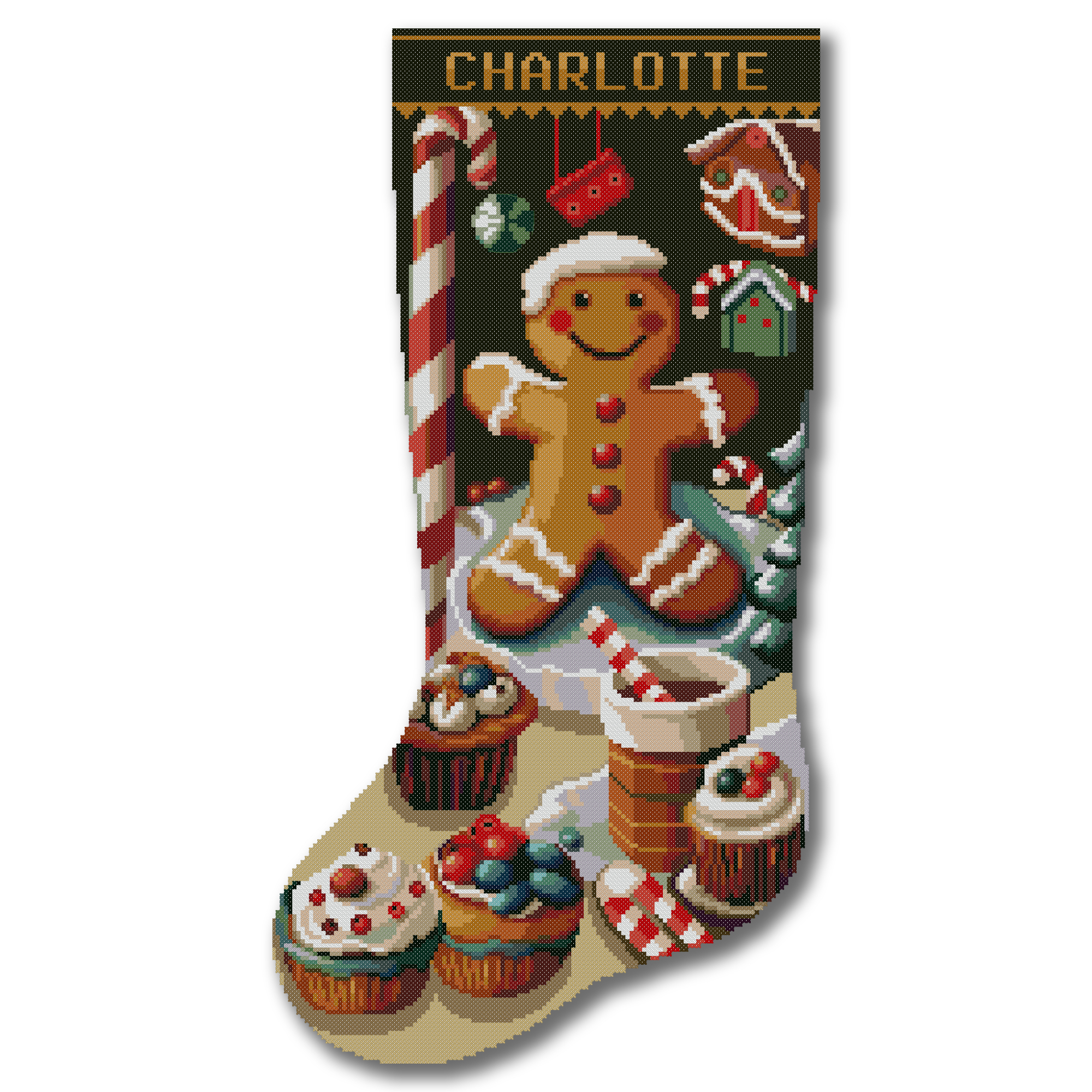 Christmas stocking cross stitch kit featuring a cute gingerbread man, candy canes, cupcakes and festive sweets – personalized stamped embroidery kit, easy for beginners and advanced stitchers