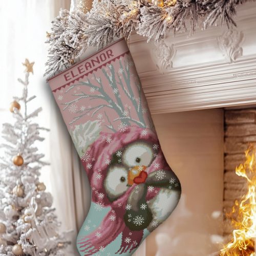 Personalized stamped cross stitch Christmas stocking kit with cute penguin design – DIY embroidery holiday gift for beginners and experienced stitchers