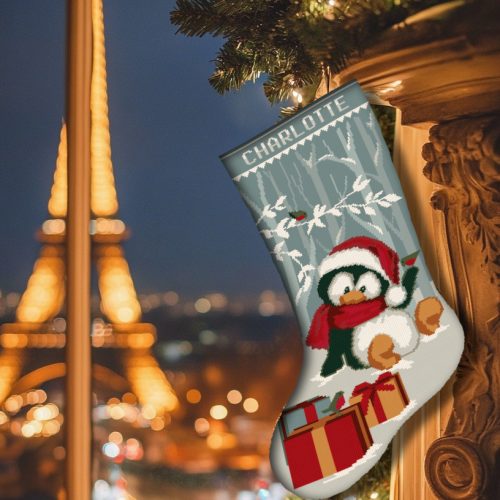 Personalized blue penguin stamped Christmas stocking cross stitch kit, easy embroidery DIY holiday gift for beginners and experienced crafters.