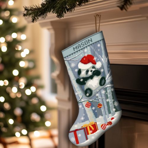 Personalized panda Christmas stocking stamped cross stitch kit with gifts and snow – beginner-friendly holiday embroidery DIY.