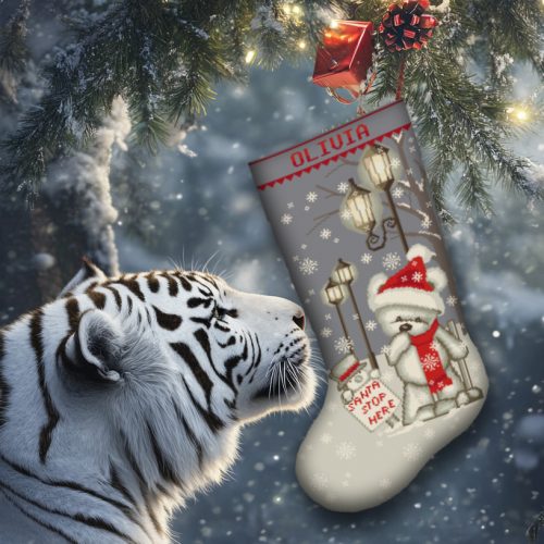 Stamped Christmas Stocking Cross Stitch Kit – Polar Bear with Santa Stop Here Sign and Lanterns – Personalized Holiday Embroidery