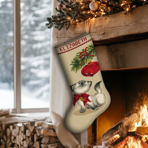 Cross Stitch Kits for Adults, Stamped Personalized Christmas Stockings Cute Cat Vintage Ornaments, Needlepoint Counted Easy Cross-Stitch Patterns for Beginner Embroidery Kit for Holiday Home Decor DIY