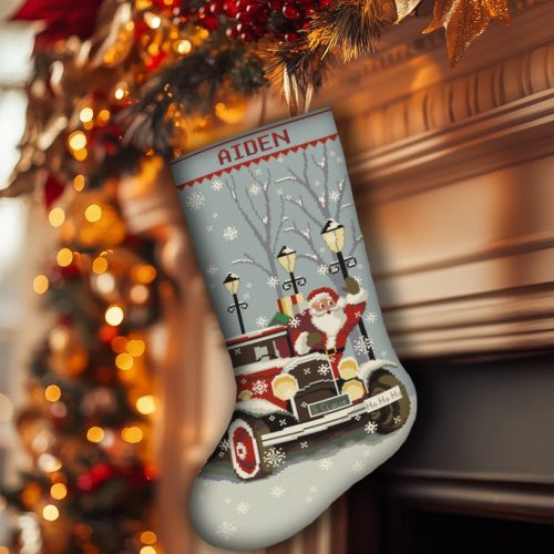 Personalized stamped Christmas stocking cross stitch kit for adults – cute Santa Claus red truck design, easy counted needlepoint embroidery DIY.