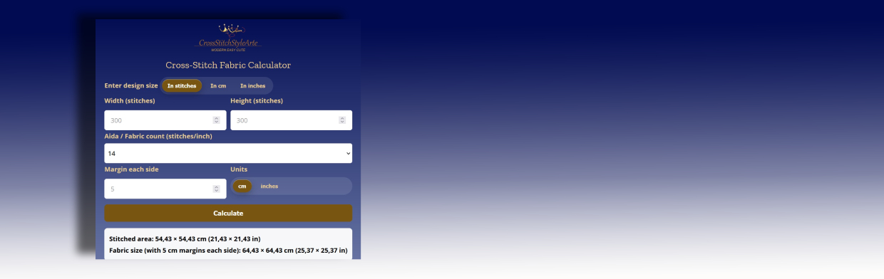 Cross Stitch Fabric Size Calculator — find exact fabric dimensions.