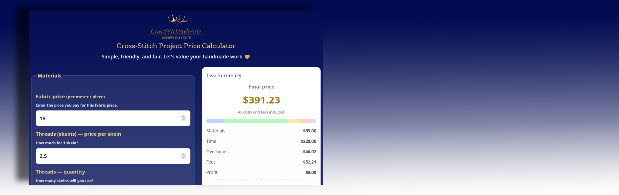 Cross Stitch Price Calculator – free online tool to calculate the cost of handmade embroidery, including fabric, floss, packaging, shipping, and profit margin.