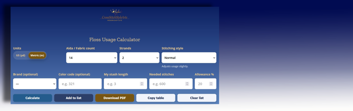 Cross Stitch Floss Usage Calculator — estimate floss skeins needed.