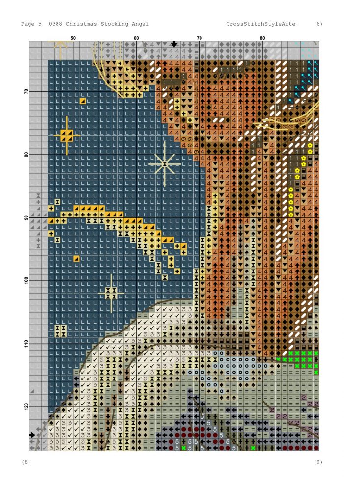 Elegant angel on cloud Christmas stocking cross stitch pattern with snowy village night sky stars, personalized counted DMC embroidery chart, digital download.