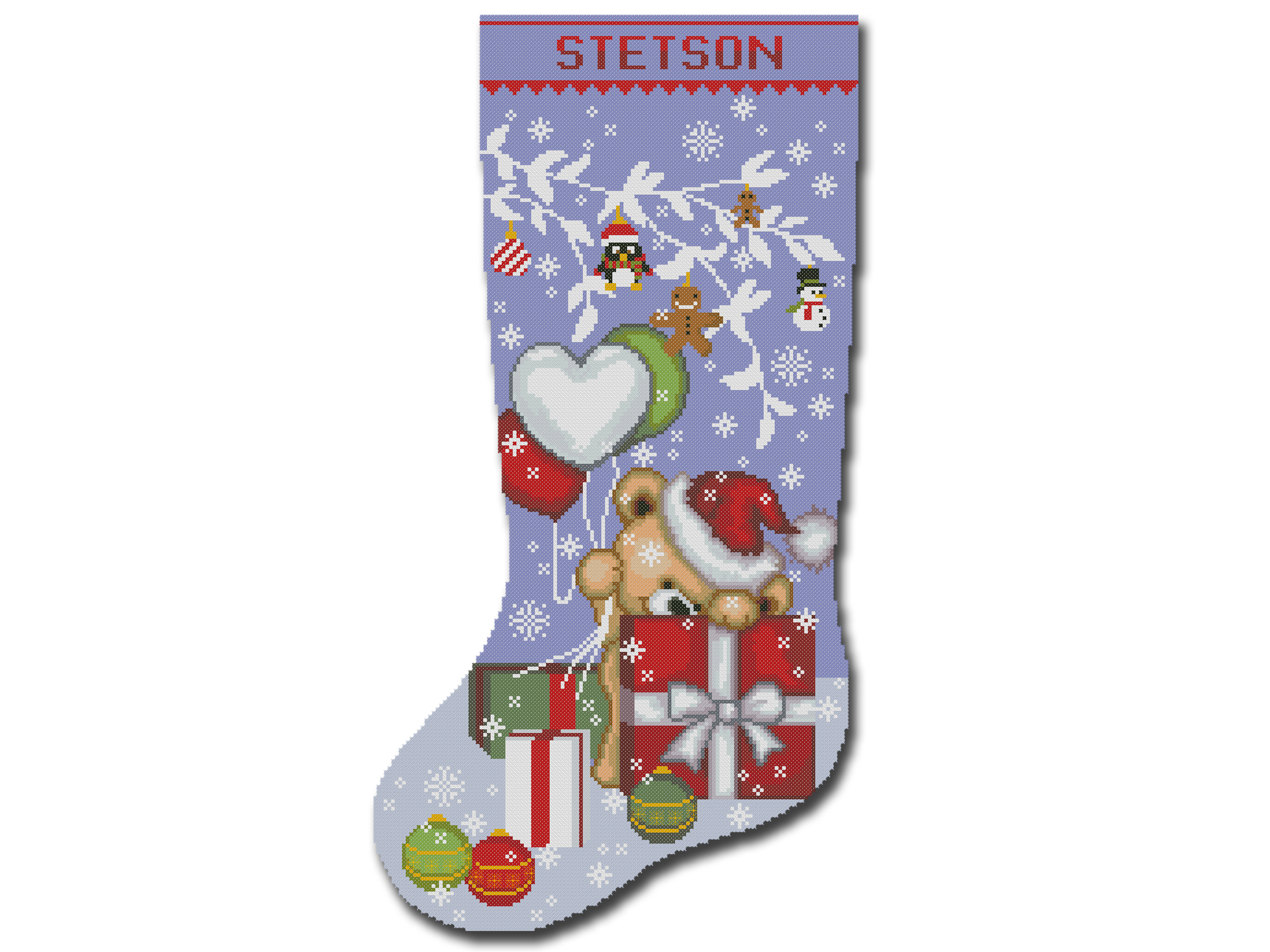 Cute animal bear Christmas stocking cross stitch pattern with gifts and snowflakes, personalized DMC embroidery chart, easy counted holiday design, digital download.
