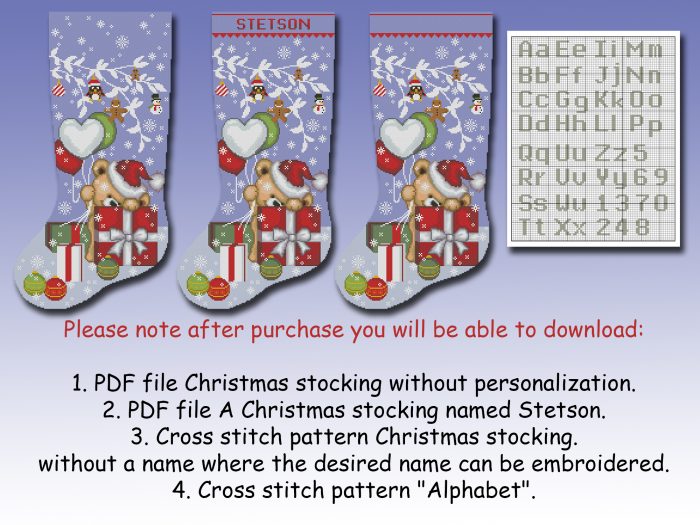 Cute animal bear Christmas stocking cross stitch pattern with gifts and snowflakes, personalized DMC embroidery chart, easy counted holiday design, digital download.