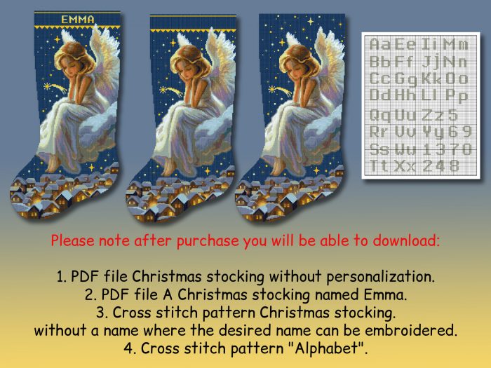 Elegant angel on cloud Christmas stocking cross stitch pattern with snowy village night sky stars, personalized counted DMC embroidery chart, digital download.